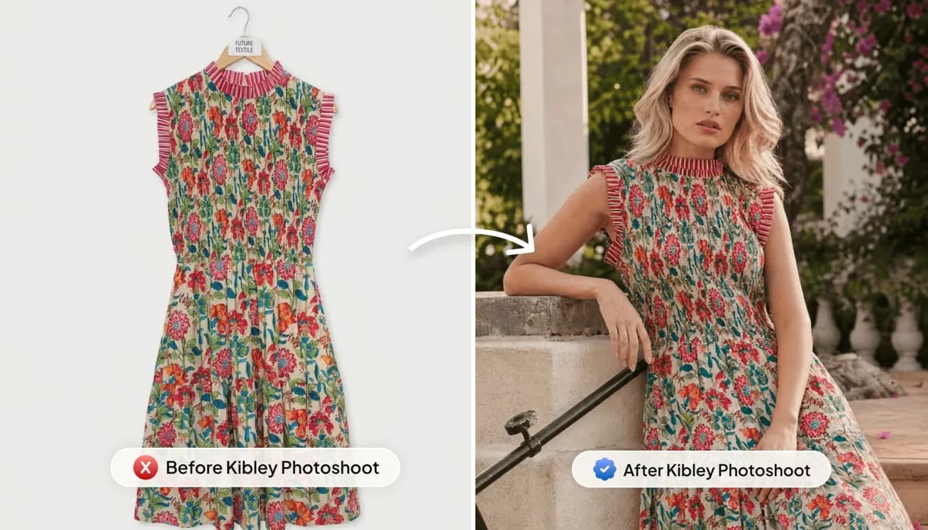 A floral dress on a hanger next to a model wearing it outdoors