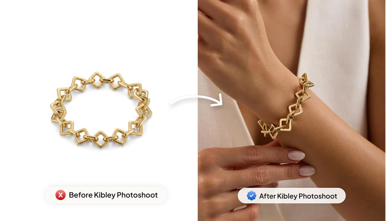 A gold bracelet on white next to the same bracelet worn on a wrist