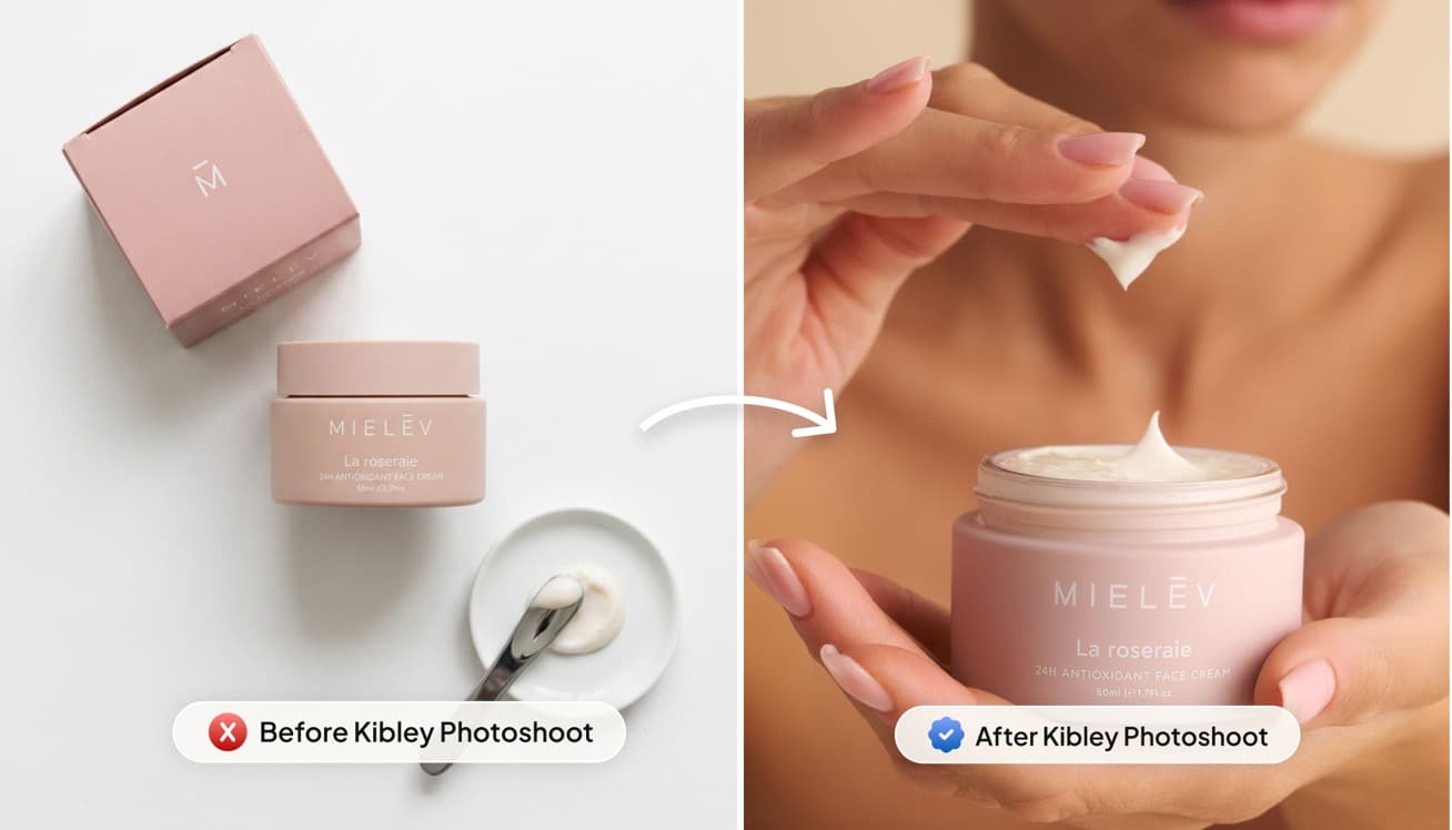 A face cream flat lay next to a model applying the cream