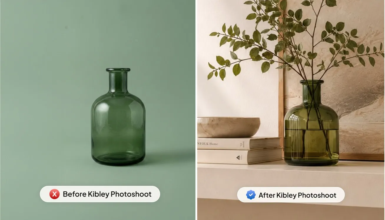 A green glass vase on a plain backdrop next to the vase styled on a shelf