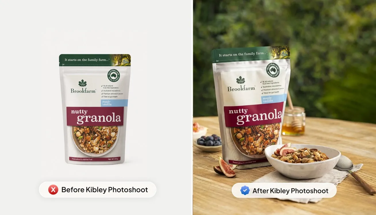 A granola pack on white next to the pack on a breakfast table