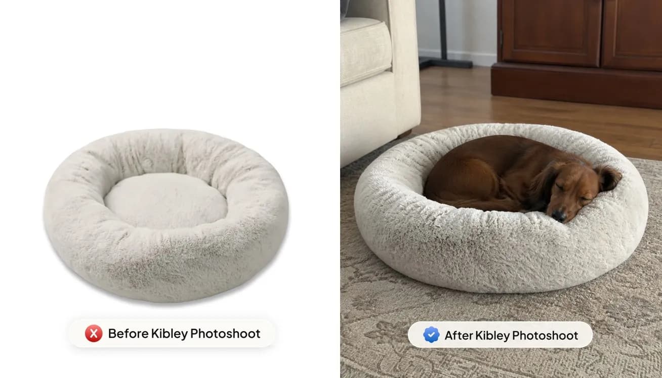 A pet bed on white next to a puppy sleeping in it at home