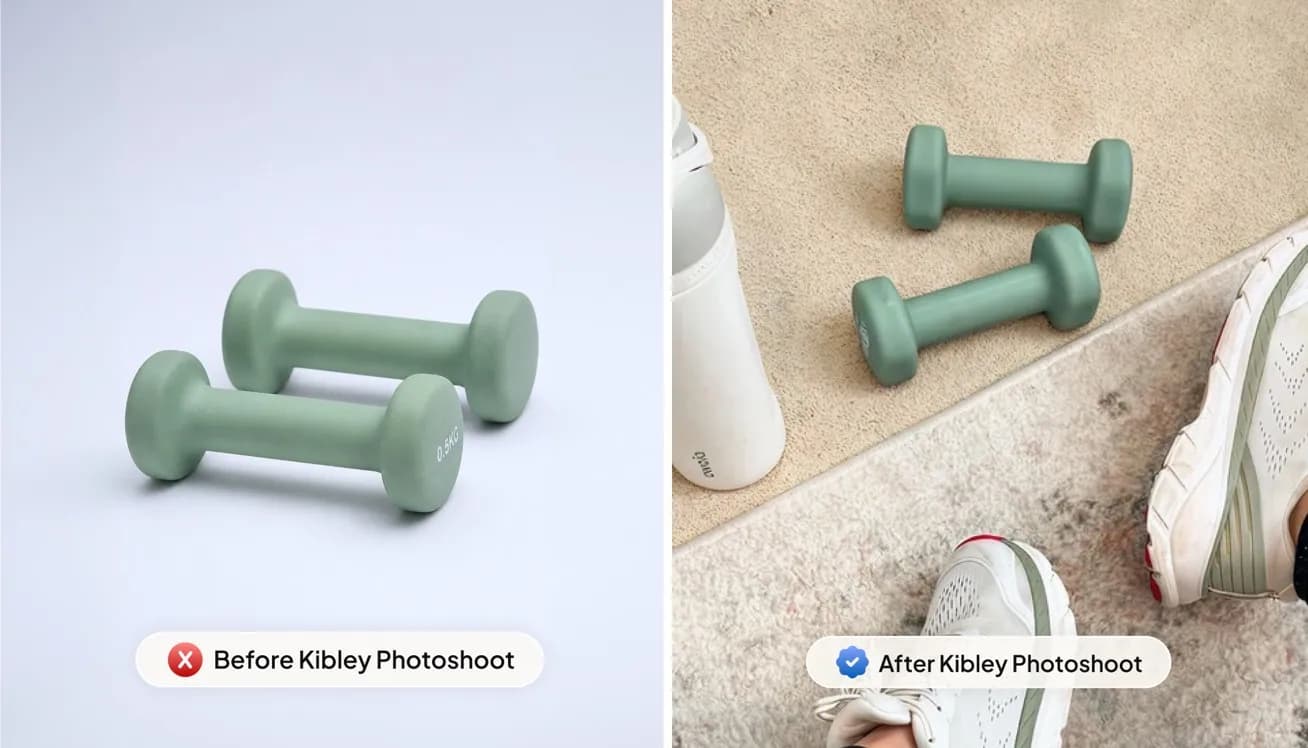 Two dumbbells on a plain backdrop next to the dumbbells on a gym floor