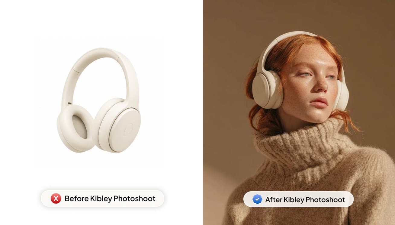 Headphones on white next to a model wearing them