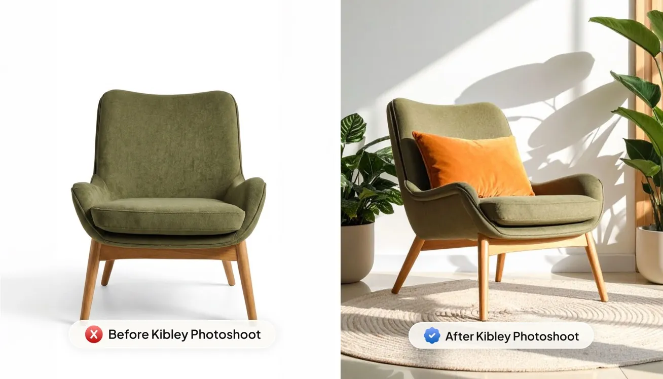 An armchair on white next to the same chair styled in a sunlit living room
