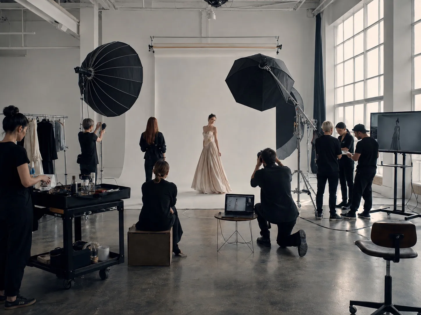A professional photo studio with softbox lights and a crew shooting a model on a white backdrop