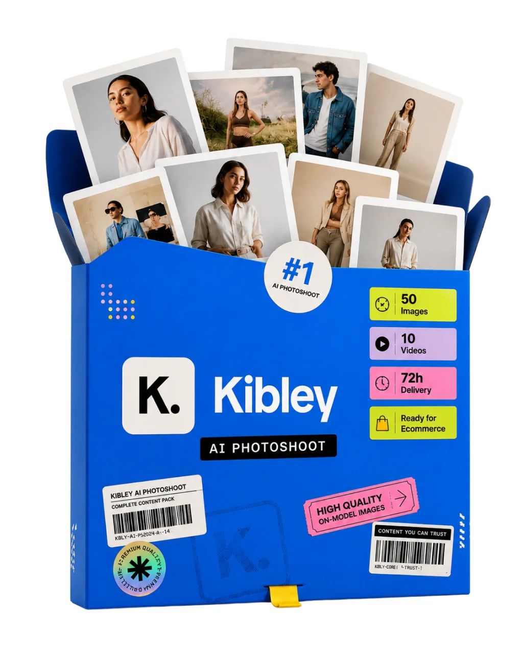 The Kibley AI Photoshoot bundle box with photo prints of models flying out