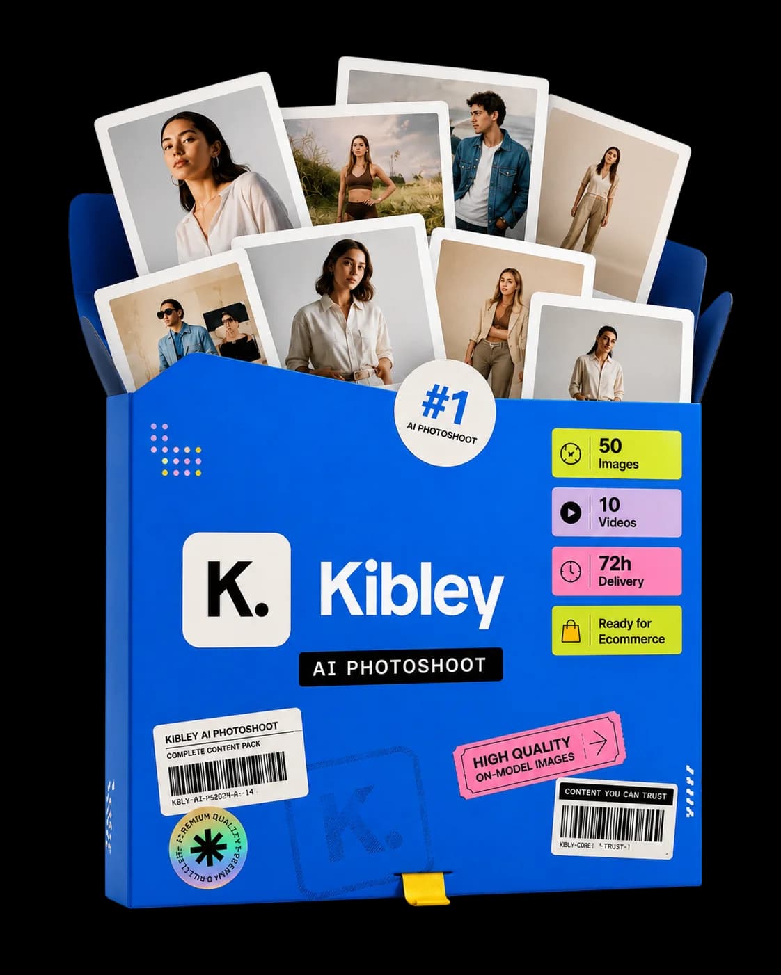 The Kibley AI Photoshoot box bursting open with photo prints of models flying out