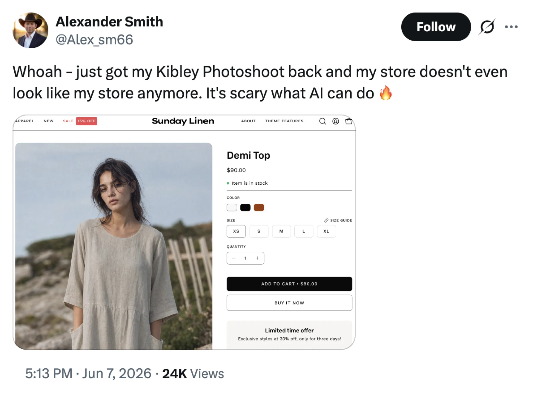 Alexander Smith on X: Whoah, just got my Kibley Photoshoot back and my store doesn't even look like my store anymore. It's scary what AI can do.