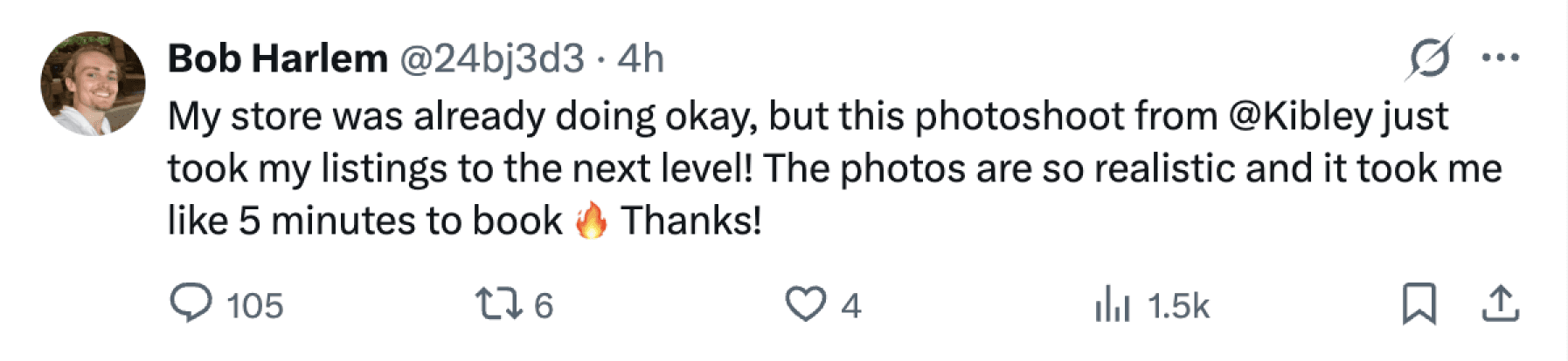 Bob Harlem on X: My store was already doing okay, but this photoshoot from @Kibley just took my listings to the next level! The photos are so realistic and it took me like 5 minutes to book. Thanks!