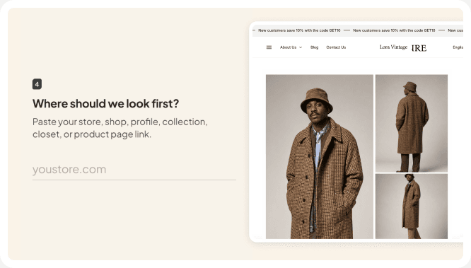 Paste your store link: Lora Vintage product page showing a Brown Check Wool Coat