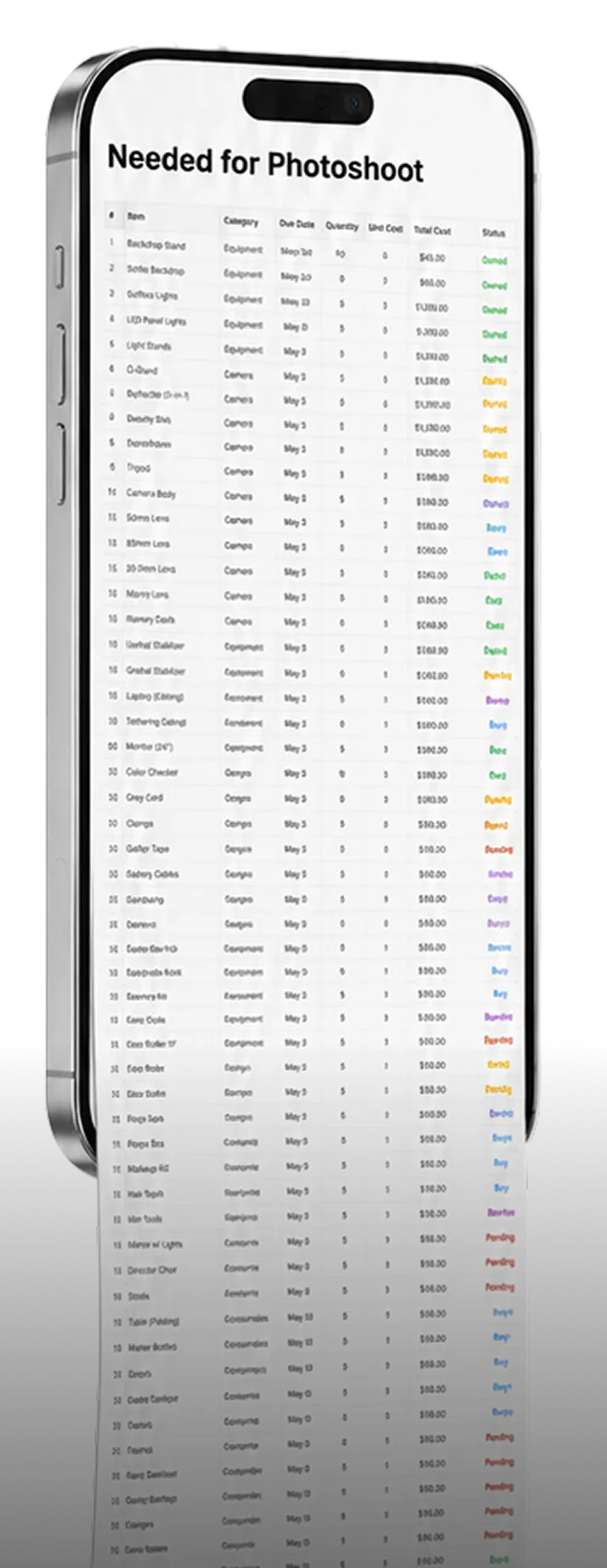 A phone showing a photoshoot checklist so long it spills out of the screen like a receipt
