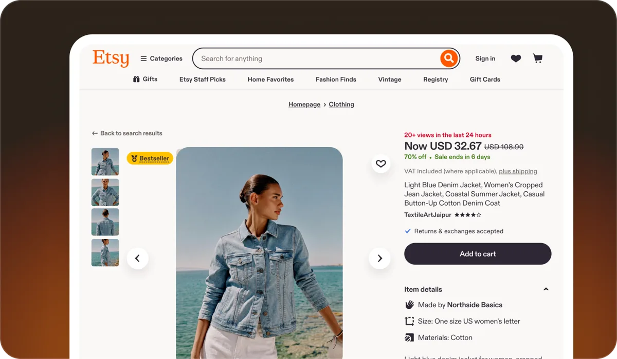 An Etsy listing using real-life product shots
