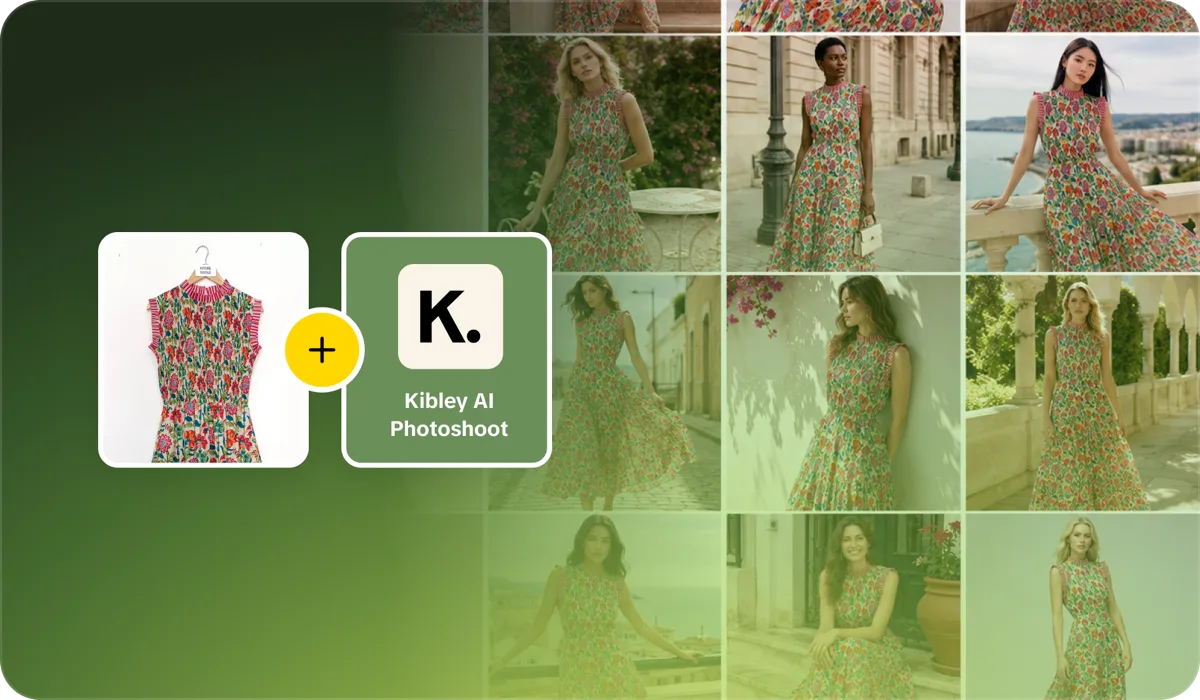 A plain product photo plus the Kibley AI Photoshoot producing a grid of on-model shots